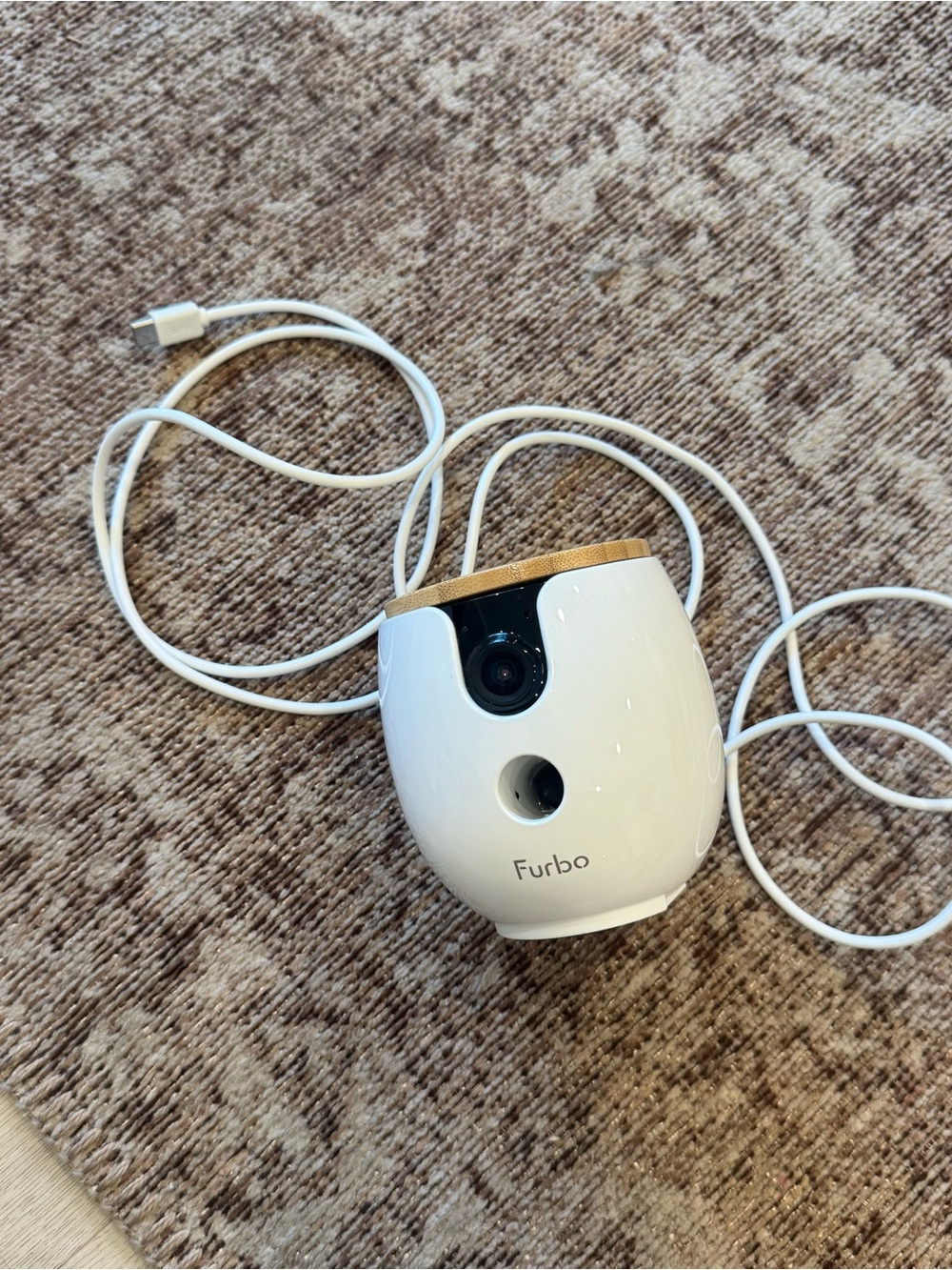 Furbo Dog Camera with treat dispenser in white & wood